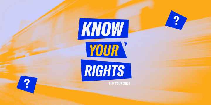 A graphic that says know your rights bus tour with question marks around the text.