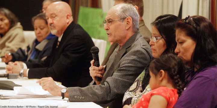 Stephen Pevar discussing unjust illegal actions taken against Native American families by the state of South Dakota at a press conference.