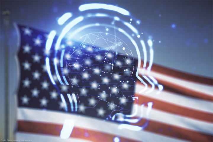 Abstract virtual artificial Intelligence interface with human head hologram on USA flag and sunset sky background.