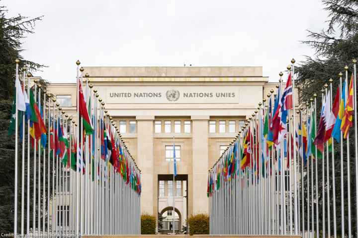 International flags flying in front of the Geneva office of the United Nations.