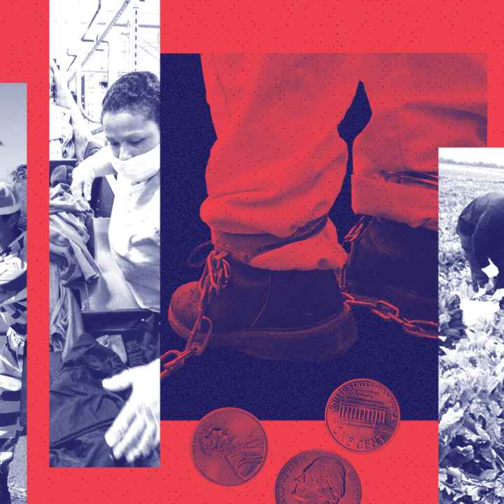 A collage of images depicting prison labor.