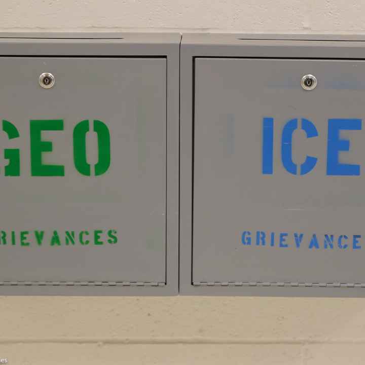 GEO and ICE grievance boxes at the U.S. Immigration and Customs Enforcement detention center.