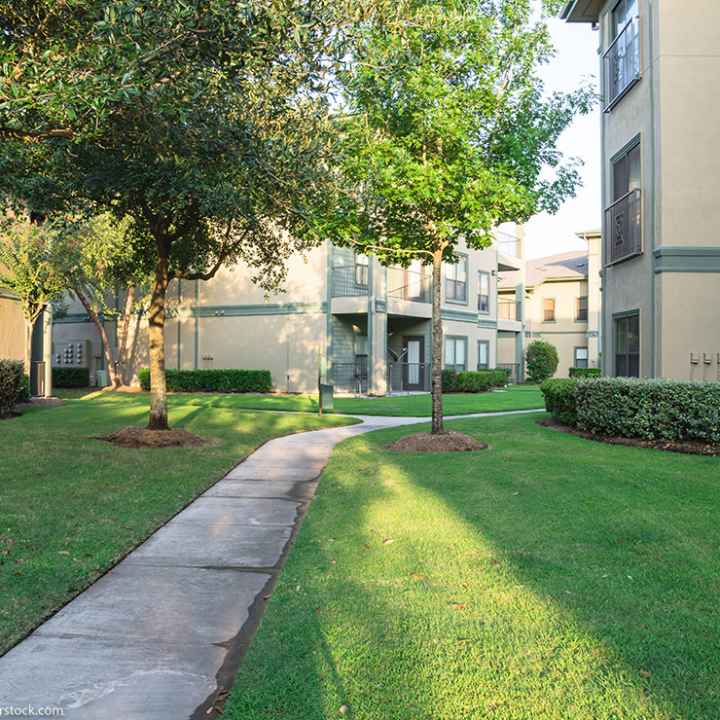 Clean lawn and tidy oak trees in front of an apartment complex