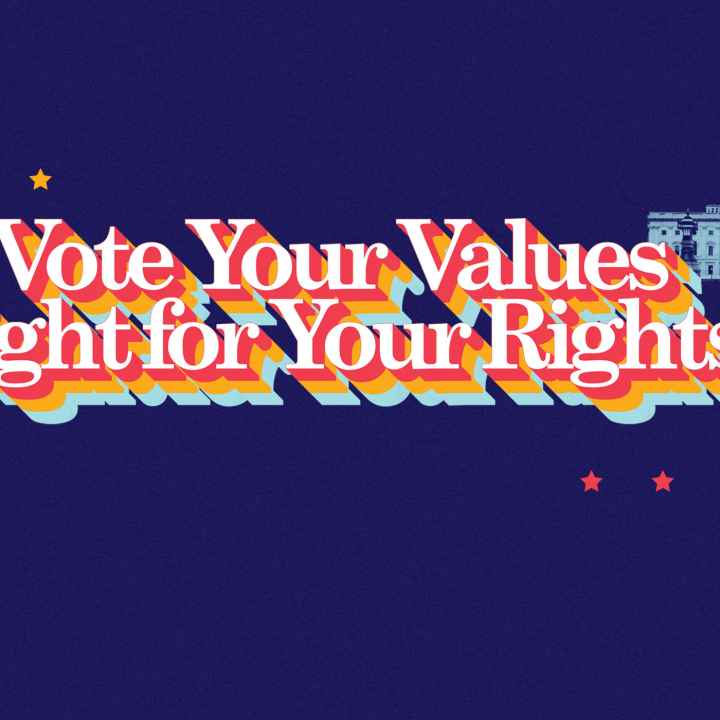 "Vote Your Values, Fight for Your Rights" appearing on a blue background containing red and gold stars, red arrows, fill-in bubbles, the Capitol building, and other symbols related to voting.