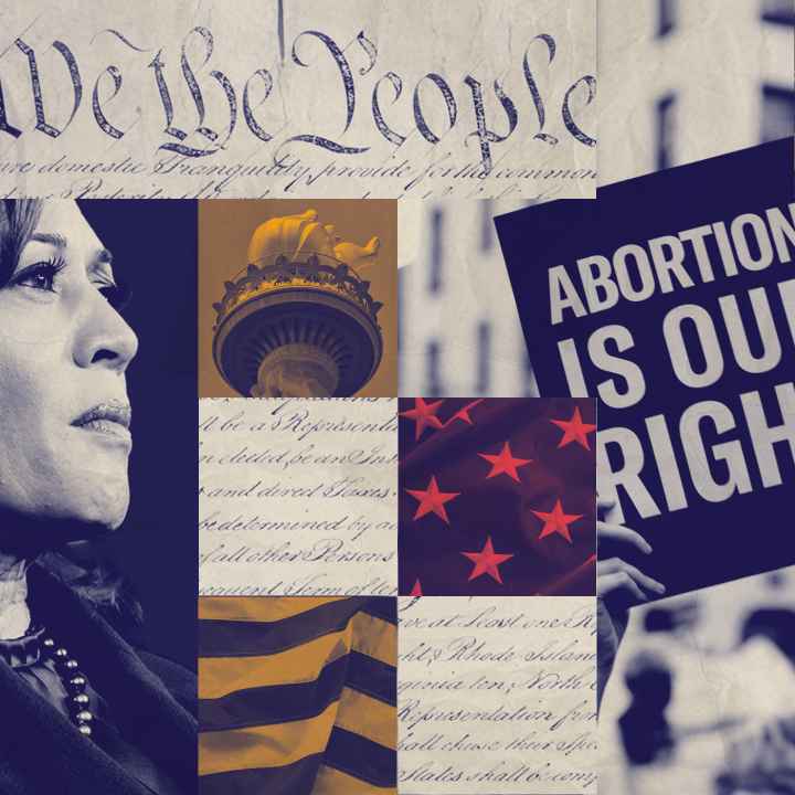 A graphic featuring Harris and imagery pertaining to reproductive rights.