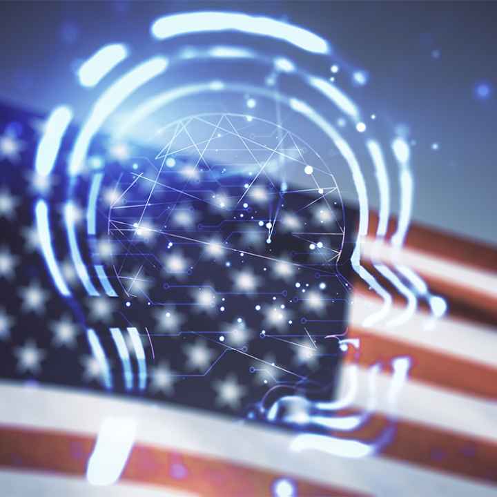 Abstract virtual artificial Intelligence interface with human head hologram on USA flag and sunset sky background.