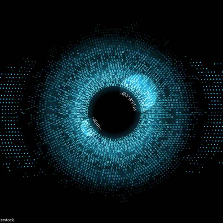 Digital eye composed of ones and zeros.