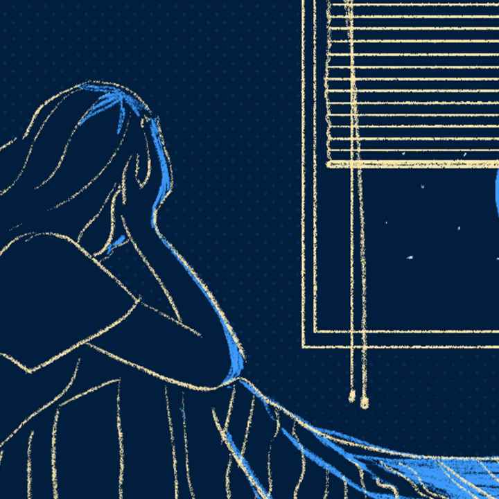 Illustration of a person with long hair sitting up in bed at night and facing a window with blinds half drawn that hide the top half of the moon.